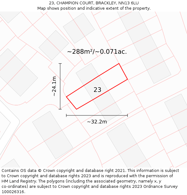 23, CHAMPION COURT, BRACKLEY, NN13 6LU: Plot and title map