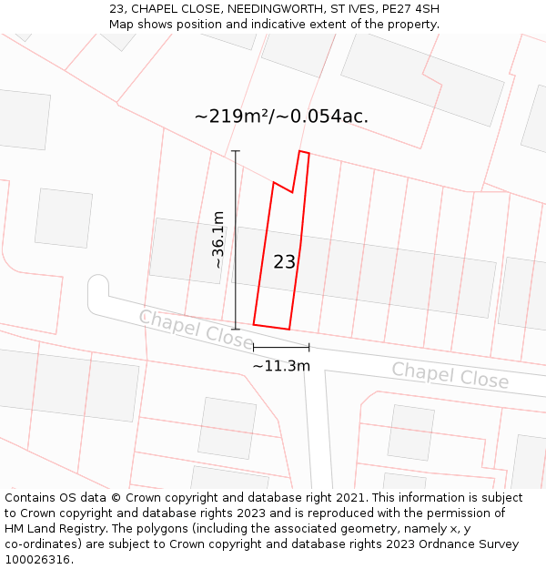 23, CHAPEL CLOSE, NEEDINGWORTH, ST IVES, PE27 4SH: Plot and title map
