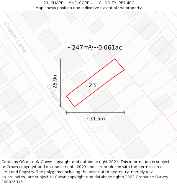 23, CHAPEL LANE, COPPULL, CHORLEY, PR7 4PG: Plot and title map