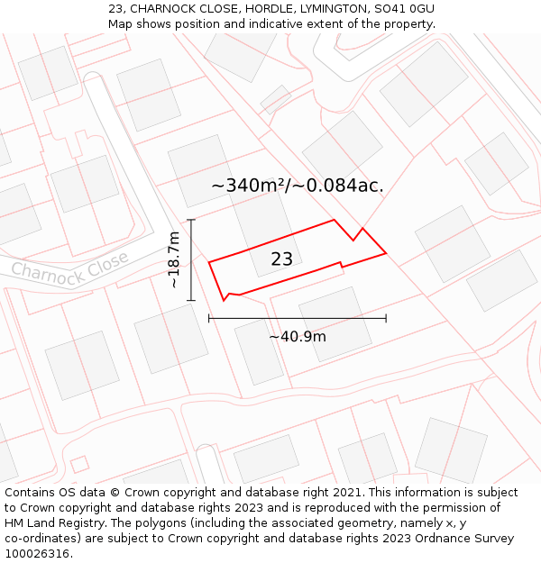 23, CHARNOCK CLOSE, HORDLE, LYMINGTON, SO41 0GU: Plot and title map