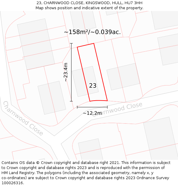 23, CHARNWOOD CLOSE, KINGSWOOD, HULL, HU7 3HH: Plot and title map