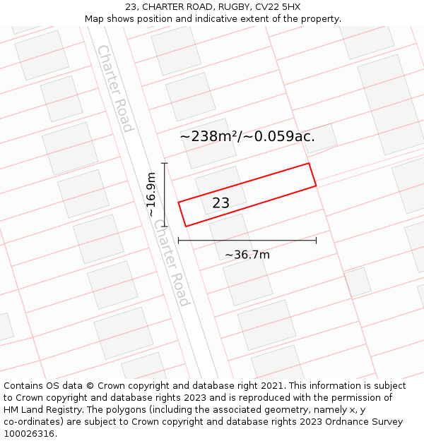 23, CHARTER ROAD, RUGBY, CV22 5HX: Plot and title map