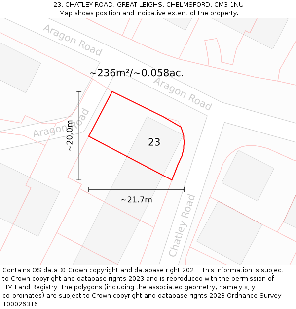 23, CHATLEY ROAD, GREAT LEIGHS, CHELMSFORD, CM3 1NU: Plot and title map