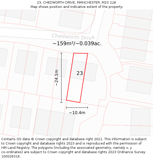 23, CHEDWORTH DRIVE, MANCHESTER, M23 1LW: Plot and title map