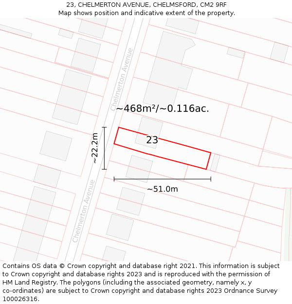 23, CHELMERTON AVENUE, CHELMSFORD, CM2 9RF: Plot and title map