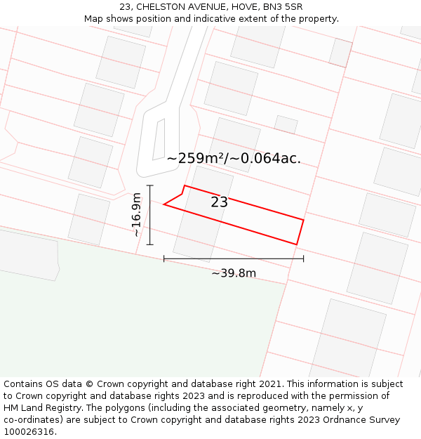 23, CHELSTON AVENUE, HOVE, BN3 5SR: Plot and title map