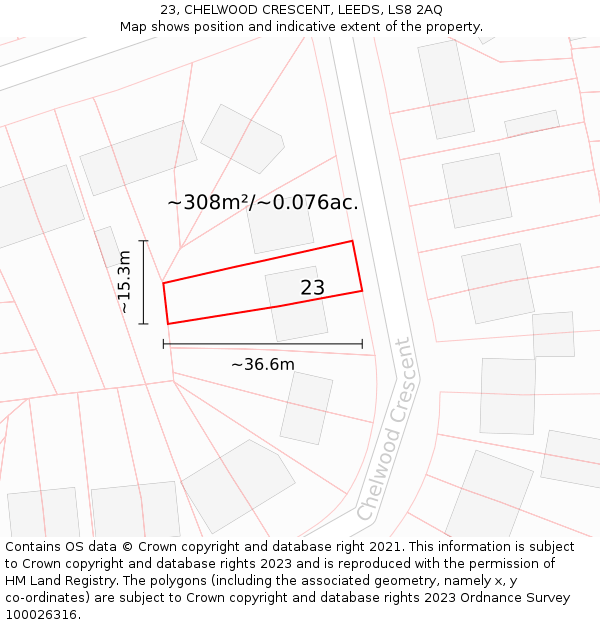 23, CHELWOOD CRESCENT, LEEDS, LS8 2AQ: Plot and title map