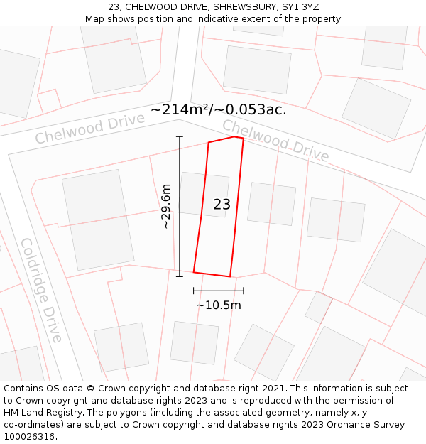 23, CHELWOOD DRIVE, SHREWSBURY, SY1 3YZ: Plot and title map