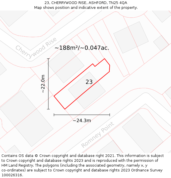 23, CHERRYWOOD RISE, ASHFORD, TN25 4QA: Plot and title map