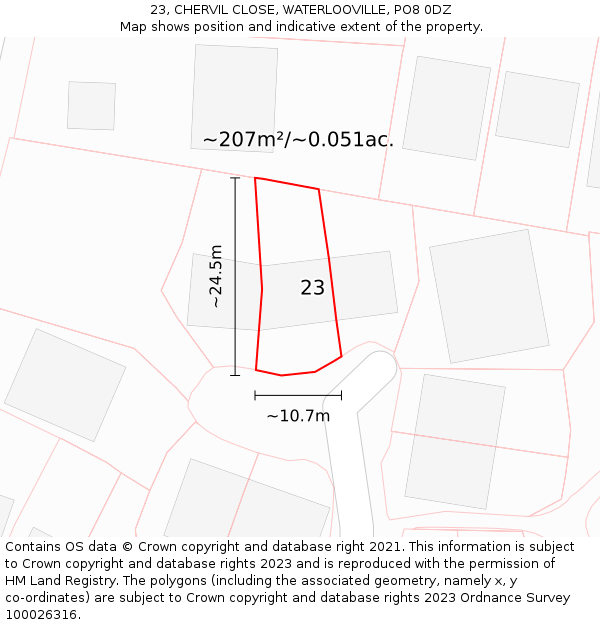 23, CHERVIL CLOSE, WATERLOOVILLE, PO8 0DZ: Plot and title map