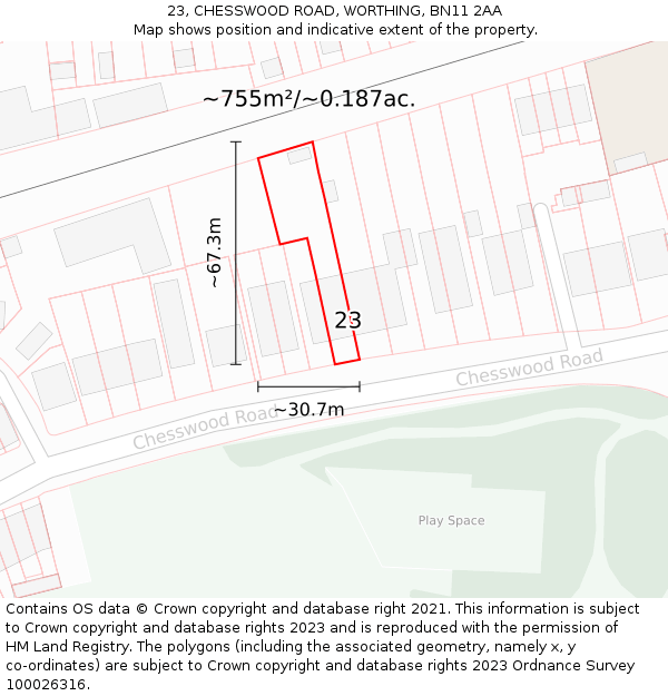 23, CHESSWOOD ROAD, WORTHING, BN11 2AA: Plot and title map