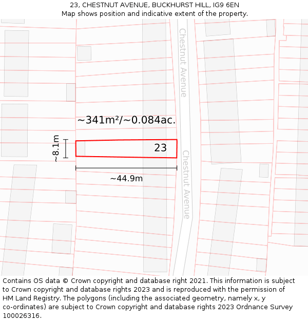 23, CHESTNUT AVENUE, BUCKHURST HILL, IG9 6EN: Plot and title map