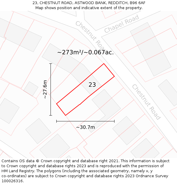 23, CHESTNUT ROAD, ASTWOOD BANK, REDDITCH, B96 6AF: Plot and title map