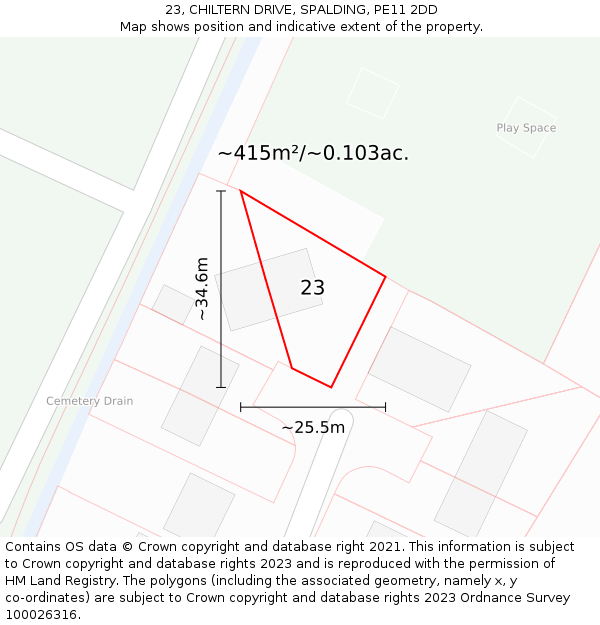 23, CHILTERN DRIVE, SPALDING, PE11 2DD: Plot and title map