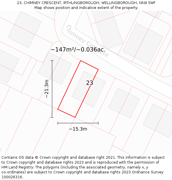 23, CHIMNEY CRESCENT, IRTHLINGBOROUGH, WELLINGBOROUGH, NN9 5WF: Plot and title map