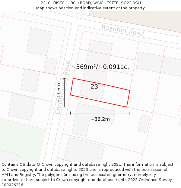 23, CHRISTCHURCH ROAD, WINCHESTER, SO23 9SU: Plot and title map