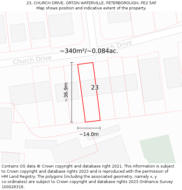 23, CHURCH DRIVE, ORTON WATERVILLE, PETERBOROUGH, PE2 5AF: Plot and title map