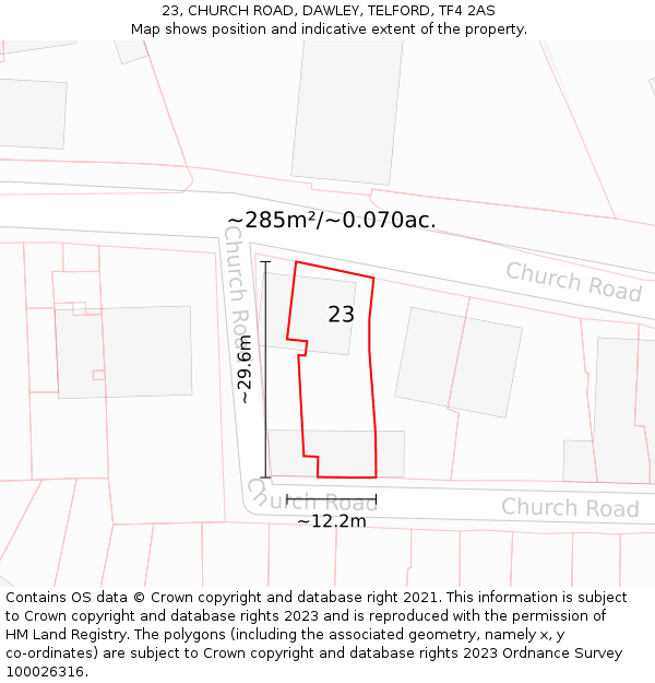 23, CHURCH ROAD, DAWLEY, TELFORD, TF4 2AS: Plot and title map