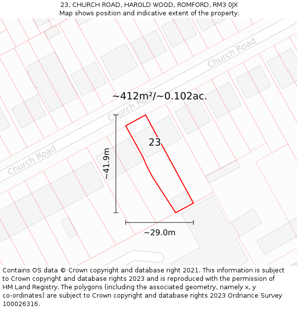 23, CHURCH ROAD, HAROLD WOOD, ROMFORD, RM3 0JX: Plot and title map