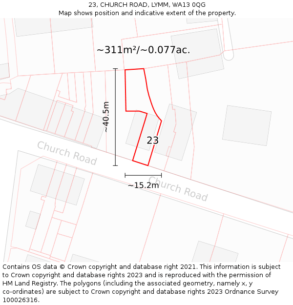 23, CHURCH ROAD, LYMM, WA13 0QG: Plot and title map