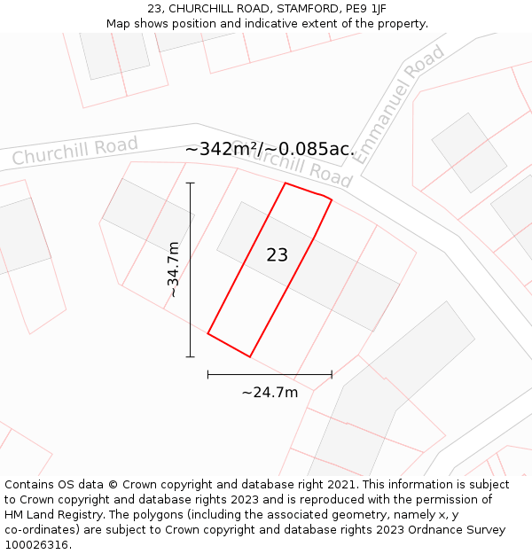 23, CHURCHILL ROAD, STAMFORD, PE9 1JF: Plot and title map