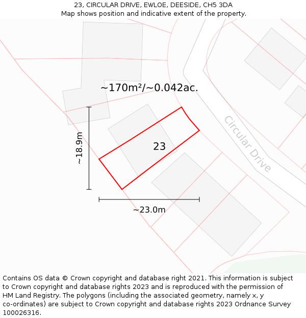 23, CIRCULAR DRIVE, EWLOE, DEESIDE, CH5 3DA: Plot and title map