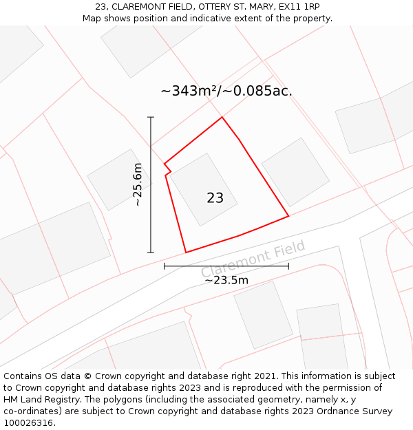 23, CLAREMONT FIELD, OTTERY ST. MARY, EX11 1RP: Plot and title map