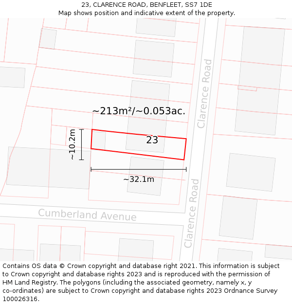 23, CLARENCE ROAD, BENFLEET, SS7 1DE: Plot and title map