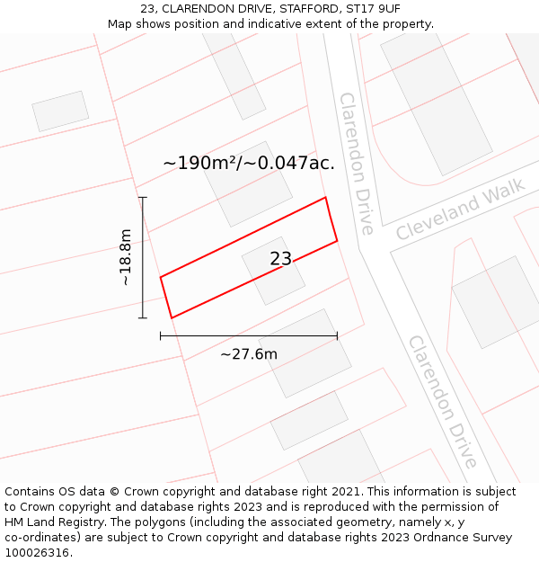 23, CLARENDON DRIVE, STAFFORD, ST17 9UF: Plot and title map