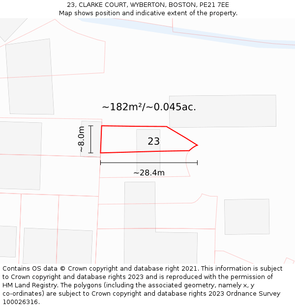 23, CLARKE COURT, WYBERTON, BOSTON, PE21 7EE: Plot and title map