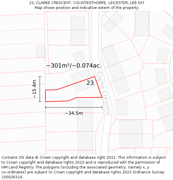 23, CLARKE CRESCENT, COUNTESTHORPE, LEICESTER, LE8 5XT: Plot and title map