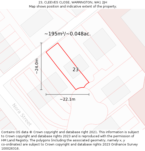 23, CLEEVES CLOSE, WARRINGTON, WA1 2JH: Plot and title map