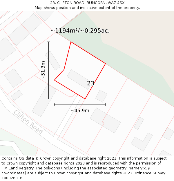 23, CLIFTON ROAD, RUNCORN, WA7 4SX: Plot and title map