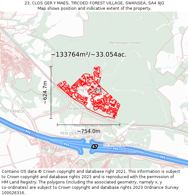 23, CLOS GER Y MAES, TIRCOED FOREST VILLAGE, SWANSEA, SA4 9JG: Plot and title map