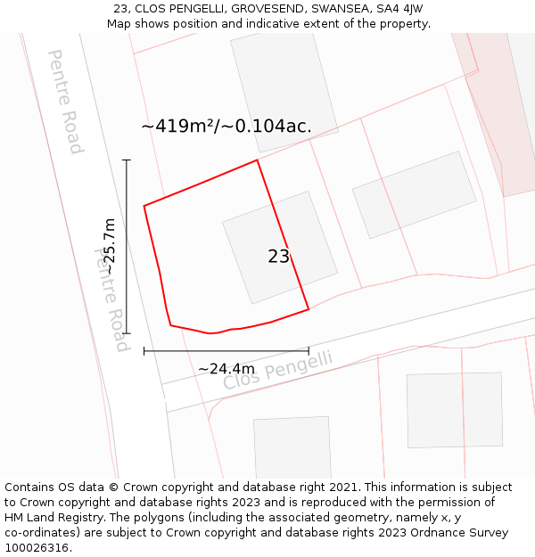 23, CLOS PENGELLI, GROVESEND, SWANSEA, SA4 4JW: Plot and title map