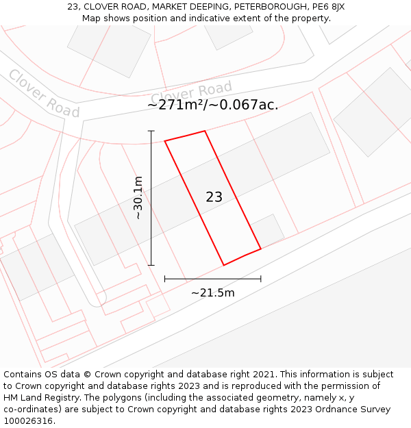 23, CLOVER ROAD, MARKET DEEPING, PETERBOROUGH, PE6 8JX: Plot and title map