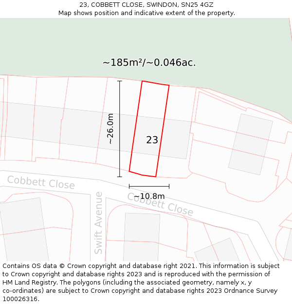 23, COBBETT CLOSE, SWINDON, SN25 4GZ: Plot and title map