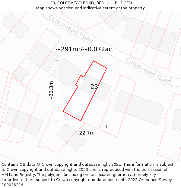 23, COLESMEAD ROAD, REDHILL, RH1 2EN: Plot and title map