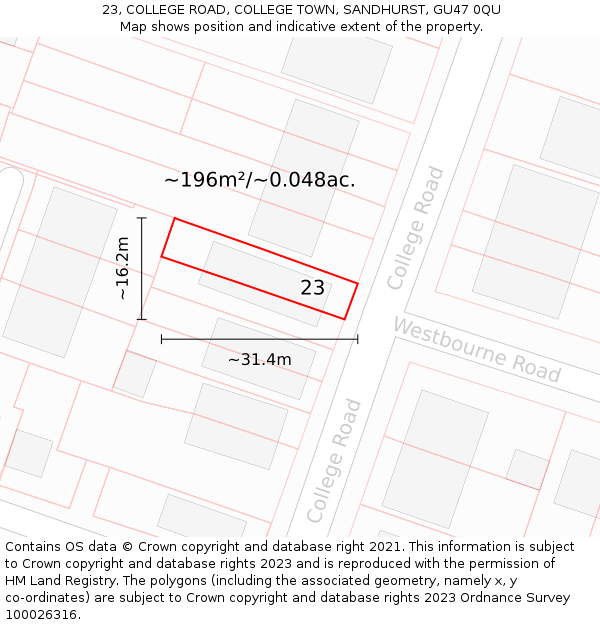 23, COLLEGE ROAD, COLLEGE TOWN, SANDHURST, GU47 0QU: Plot and title map