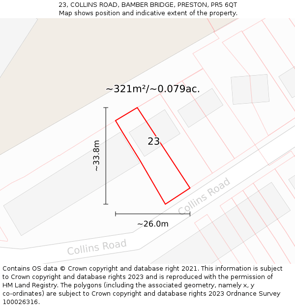 23, COLLINS ROAD, BAMBER BRIDGE, PRESTON, PR5 6QT: Plot and title map