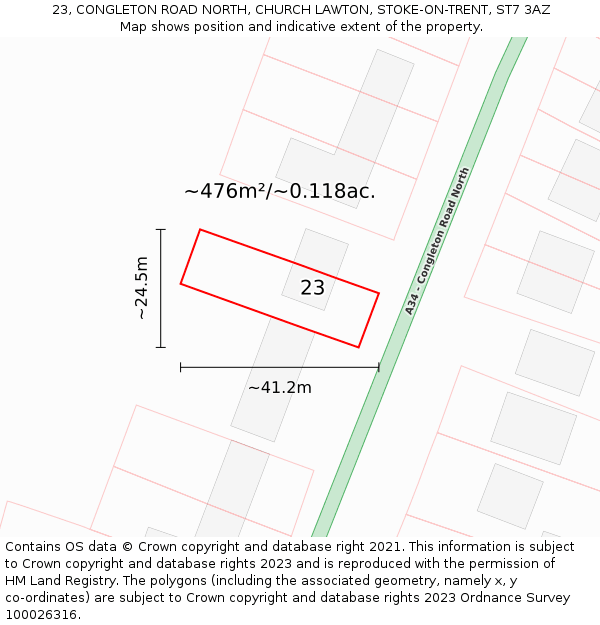 23, CONGLETON ROAD NORTH, CHURCH LAWTON, STOKE-ON-TRENT, ST7 3AZ: Plot and title map