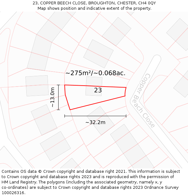 23, COPPER BEECH CLOSE, BROUGHTON, CHESTER, CH4 0QY: Plot and title map