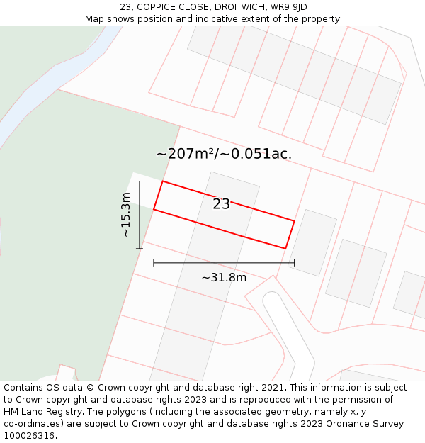 23, COPPICE CLOSE, DROITWICH, WR9 9JD: Plot and title map