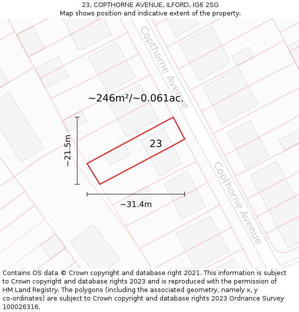 23, COPTHORNE AVENUE, ILFORD, IG6 2SG: Plot and title map