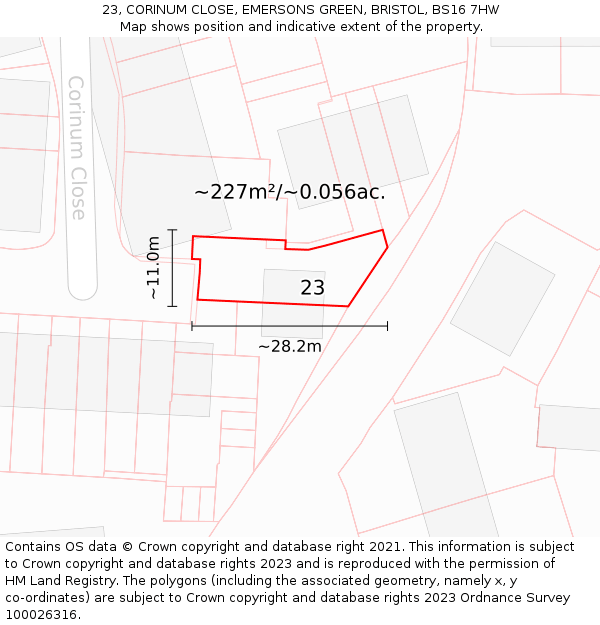 23, CORINUM CLOSE, EMERSONS GREEN, BRISTOL, BS16 7HW: Plot and title map