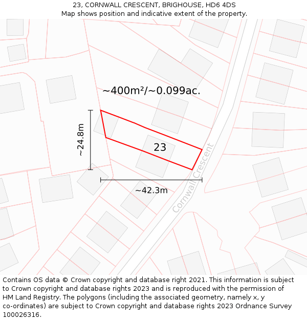 23, CORNWALL CRESCENT, BRIGHOUSE, HD6 4DS: Plot and title map