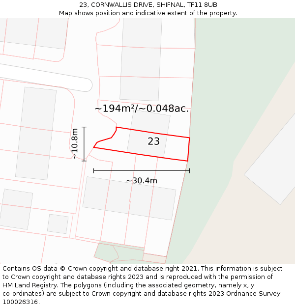 23, CORNWALLIS DRIVE, SHIFNAL, TF11 8UB: Plot and title map