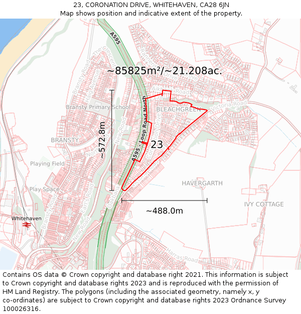 23, CORONATION DRIVE, WHITEHAVEN, CA28 6JN: Plot and title map