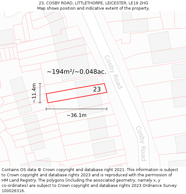 23, COSBY ROAD, LITTLETHORPE, LEICESTER, LE19 2HG: Plot and title map