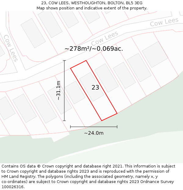 23, COW LEES, WESTHOUGHTON, BOLTON, BL5 3EG: Plot and title map